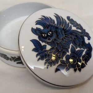 Vintage Rosenthal Bavaria blue & gold foo dog dragon round porcelain lidded trin